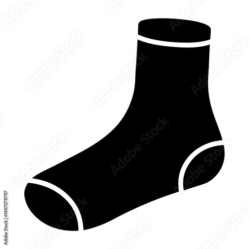 A solid black silhouette illustration of a sock with white trim