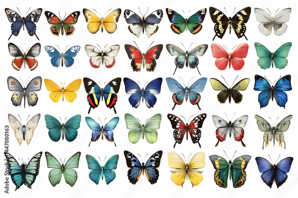 Fototapeta premium Butterfly display. Various colors and patterns on a white background. Collection of delicate insects