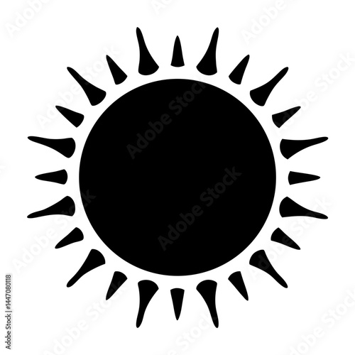 Simple black and white sun illustration with sharp rays shining brightly