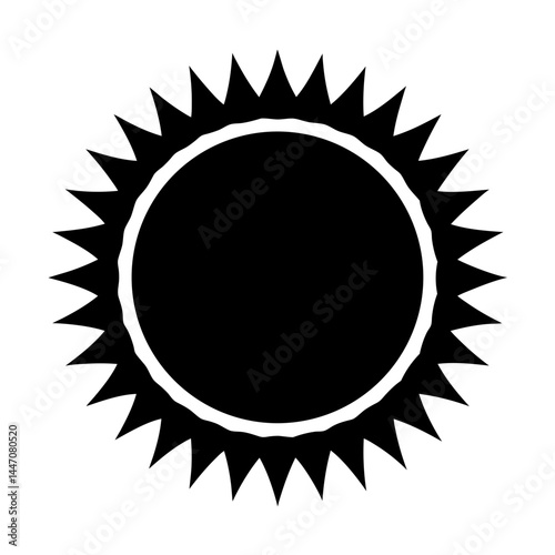 Stylized black sun with spiky rays shining brightly on a white background