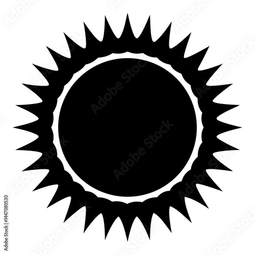 Stylized black sun illustration with sharp triangular rays and circular core