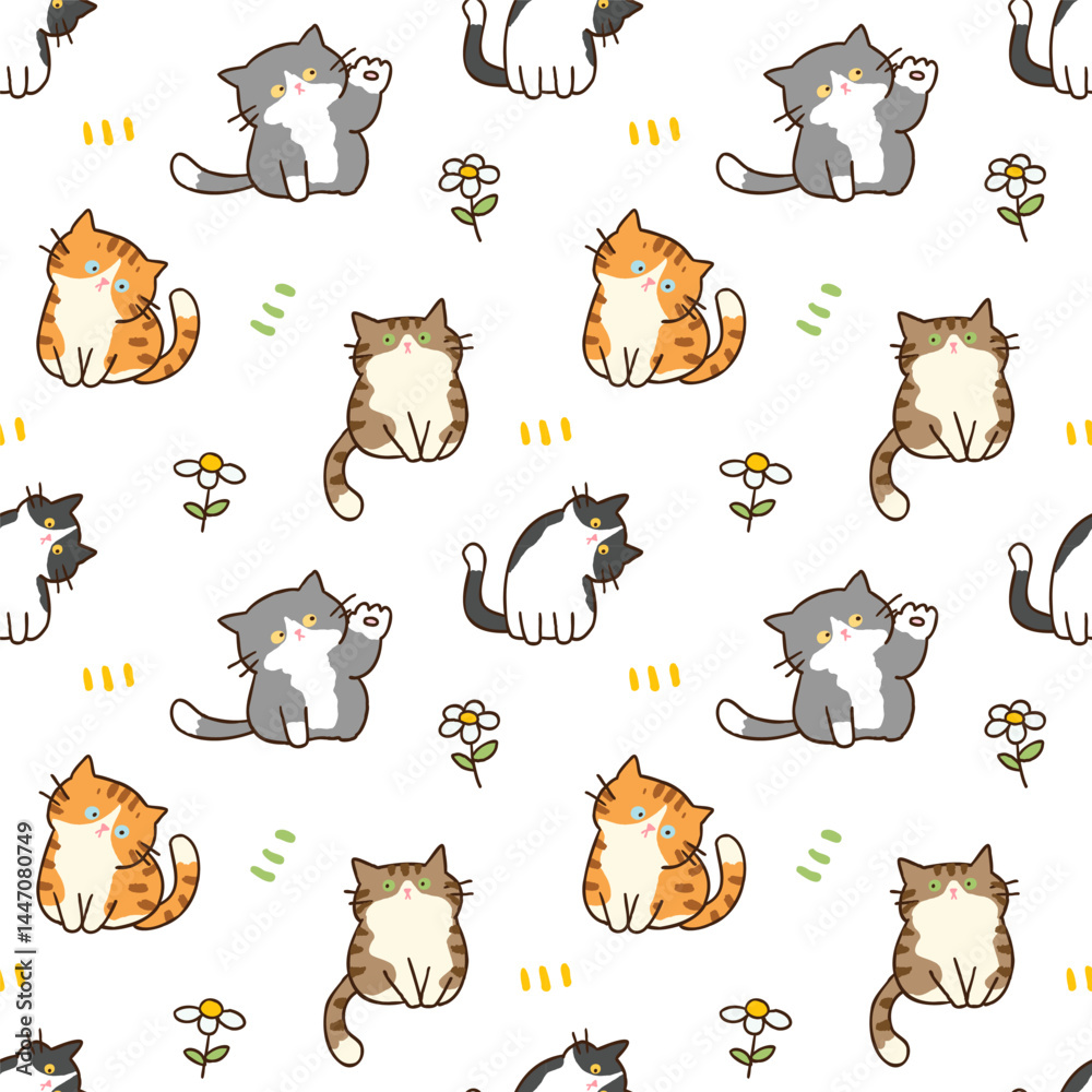 Fototapeta premium Seamless Pattern with Cute Cartoon Cat and Flower Design on White Background. Hand Drawn Vector Illustration.