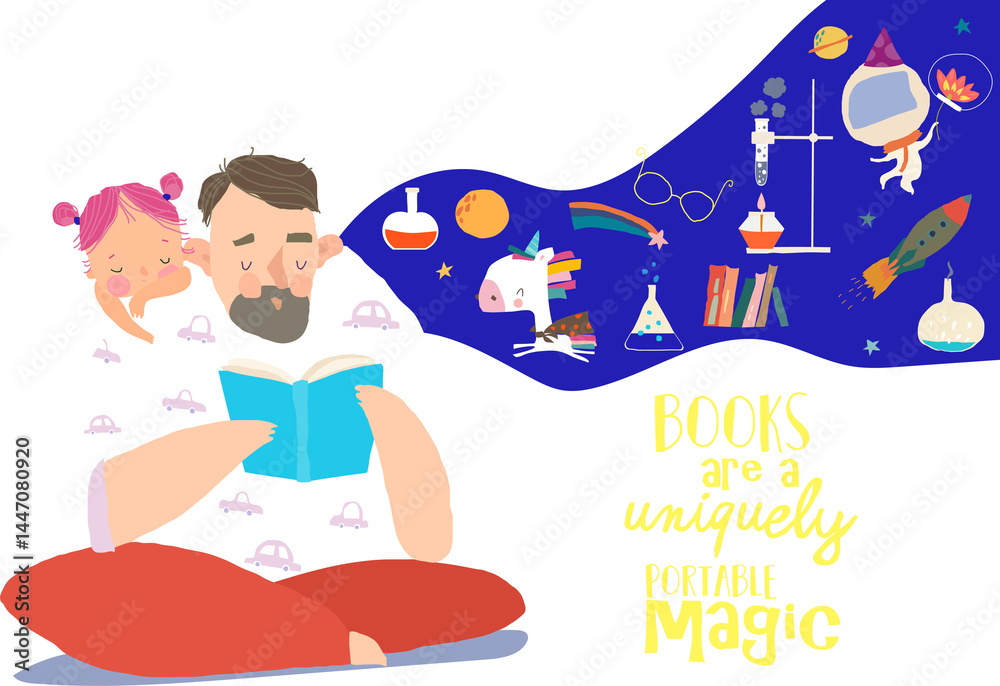 Cute Cartoon Father wearing Pajamas reading Book with His Daughter. Vector Illustration