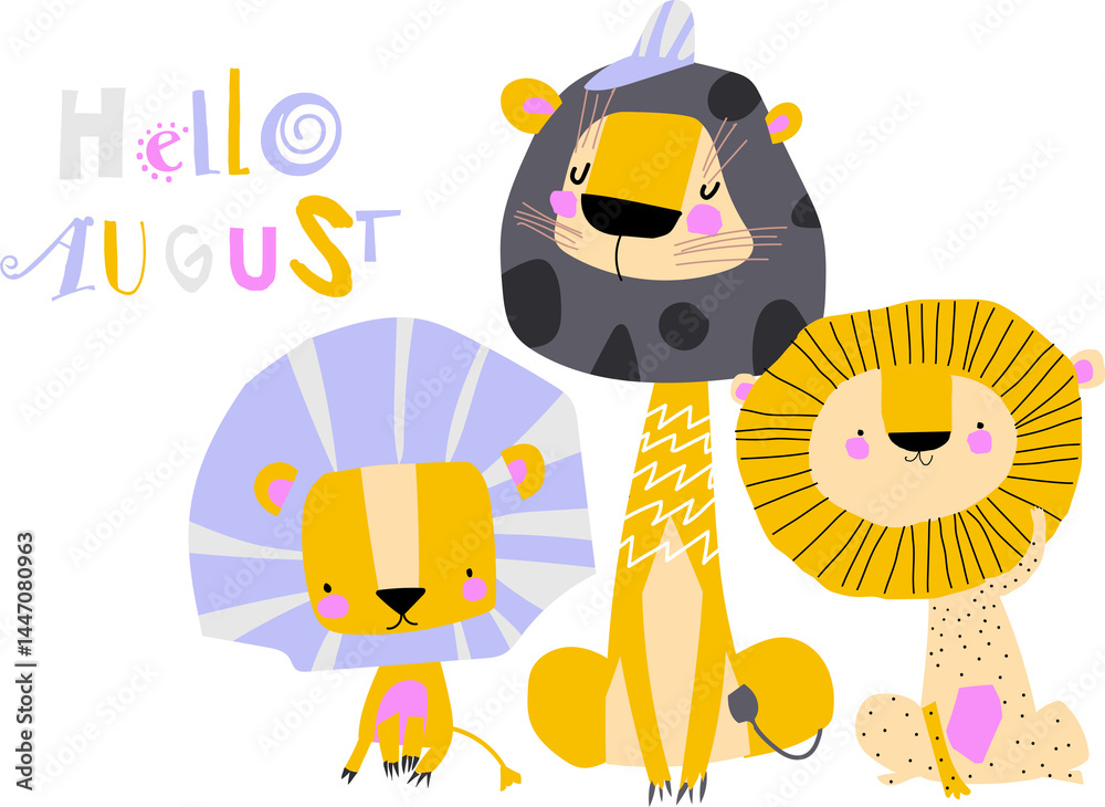 Cute Cartoon Lions. Vector Illustration