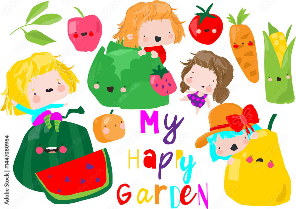 Cute Cartoon Kids standing with Fruits and Vegetables. Vector Illustration