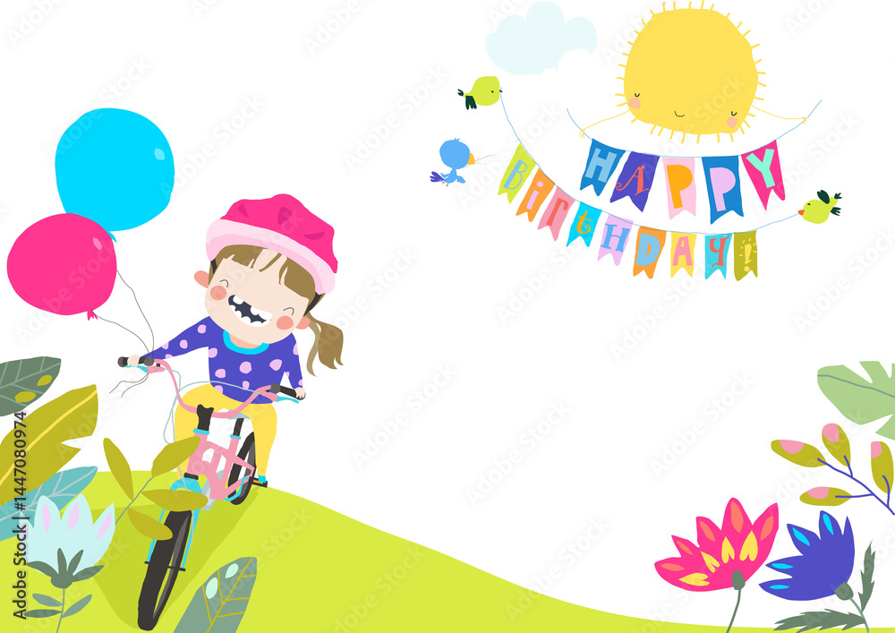 Cartoon Funny Girl rides Bike with Balloons. Happy Birthday. Vector Illustration