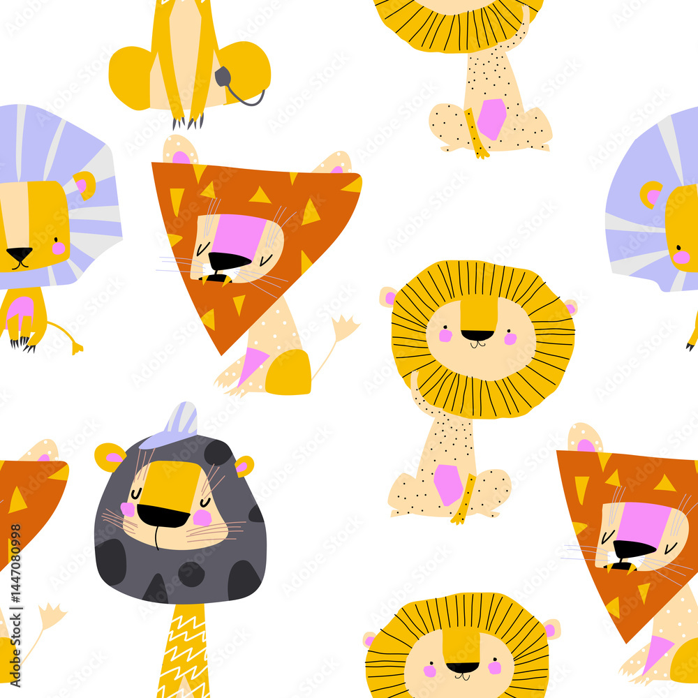 Vector Seamless Pattern with Cute Cartoon Lions