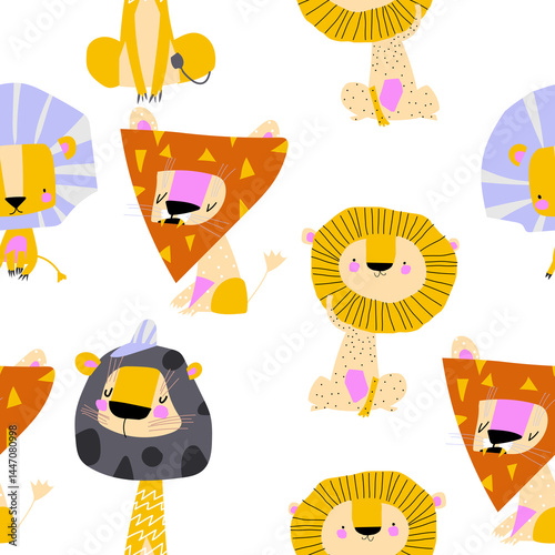 Obraz na płótnie Vector Seamless Pattern with Cute Cartoon Lions w salonie