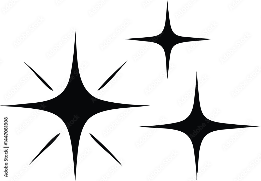 Obraz premium Three black star shapes with distinct lines twinkle against the white backdrop, transparent