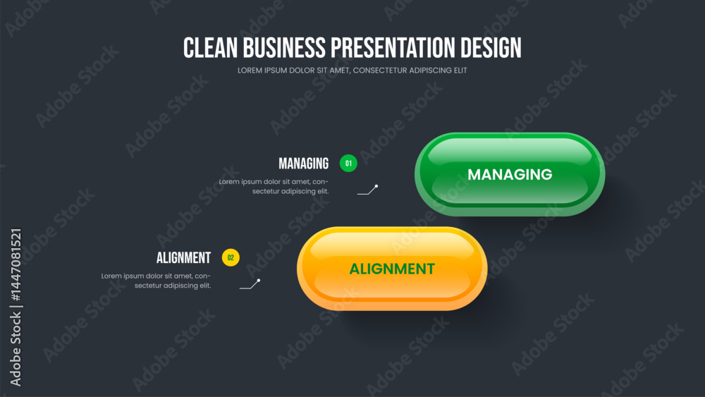 Obraz premium Visual Overview Frame Layout Vector Illustration. Sales Proposal 2 Step Diagram Presentation Design. Professional Solution Two Element Infographic Slide Template.
