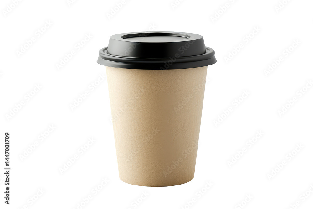 Plain, beige paper coffee cup with a black lid, presented in a setting. Plain, beige paper coffee cup with a black lid, presented in a setting.