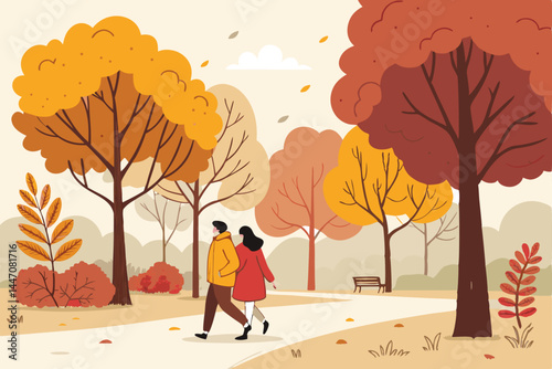 A serene autumnal park scene; a couple strolls slowly, hand-in-hand, amidst vibrant foliage, conveying peace and tranquility.