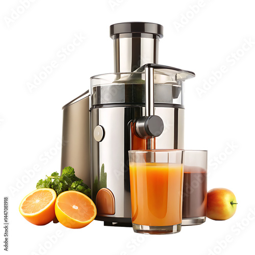 Modern stainless steel juice extractor isolated on a white background
