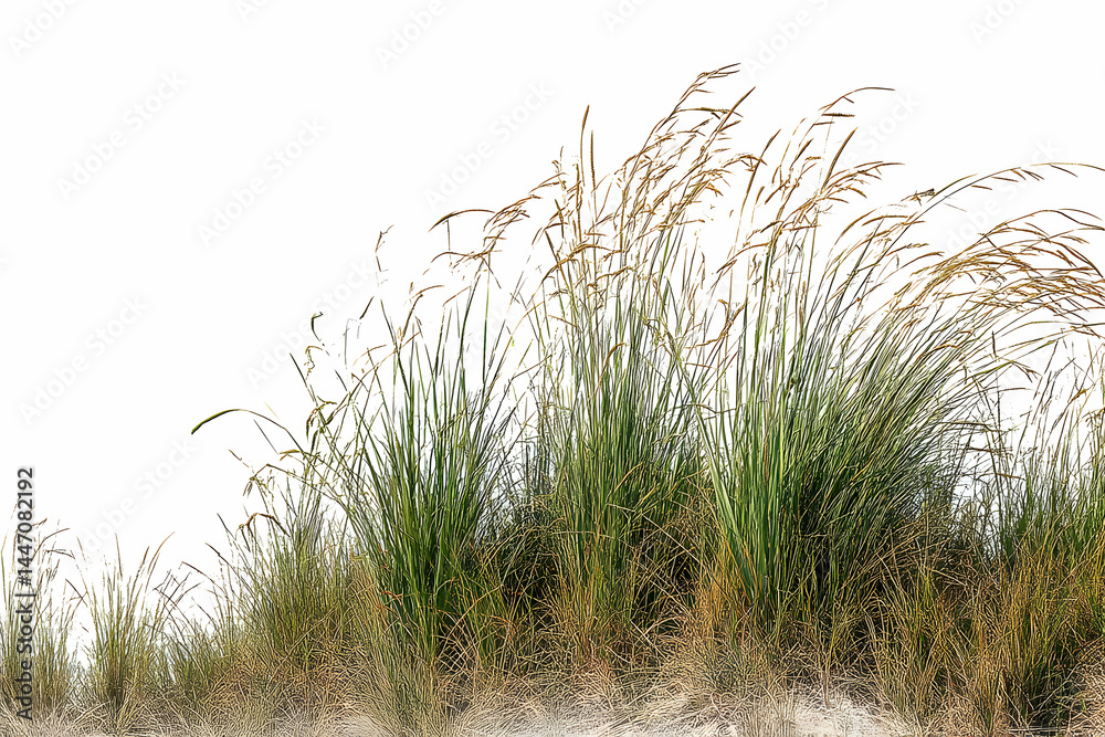 Fototapeta premium Tall, wispy grasses with wheat-toned seed heads on a sandy patch, against a white backdrop
