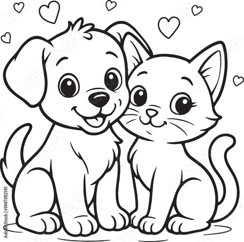 Cororing page for kids with a cute puppy and a kitten
