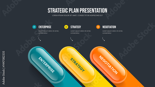 Company Visualization 3 Step Diagram Slideshow Design. Visual Launch Slide Template Vector Illustration. Sales Portfolio Three Element Infographic Frame Layout.