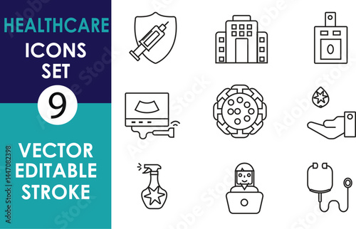 Healthcare icon set featuring syringe, hospital, ID badge, ultrasound machine, virus, hand with drop, disinfectant spray, nurse, and IV bag in editable vector strokes