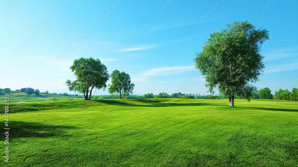 Bright Green Lawn Surrounded by Trees Under Clear Blue Sky Bright Green Lawn Surrounded by Trees Under Clear Blue Sky
