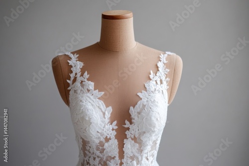 A half-finished bridal gown drapes elegantly over a dress form in a picturesque designer studio, highlighting intricate lace details and a romantic atmosphere