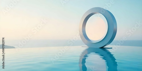 Futuristic Sundial Sculpture in Minimalist Zen Landscape with Reflective Water and Pastel Sky Abstract Sci-Fi Art Installation.