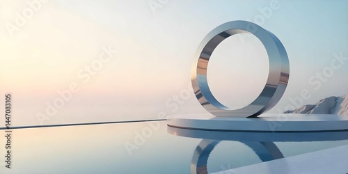 Futuristic Sundial Sculpture in Minimalist Zen Landscape with Reflective Water and Pastel Sky Abstract Sci-Fi Art Installation.