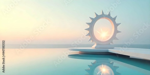 Futuristic Sundial Sculpture in Minimalist Zen Landscape with Reflective Water and Pastel Sky Abstract Sci-Fi Art Installation.