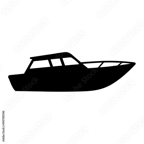 A silhouette of a cabin cruiser boat on the open water, isolated