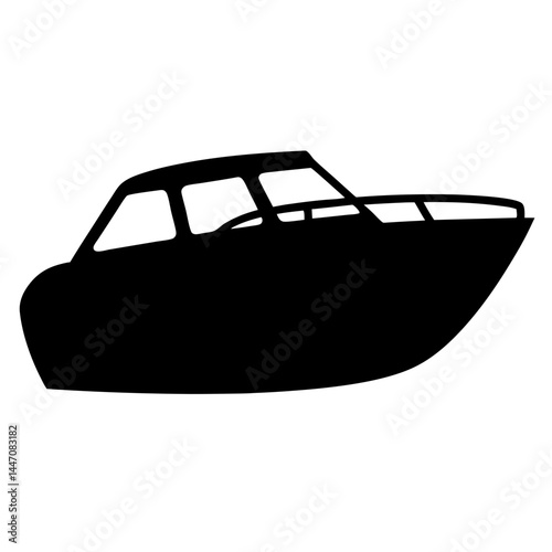 Silhouette image showing a motorboat on a white background in black color