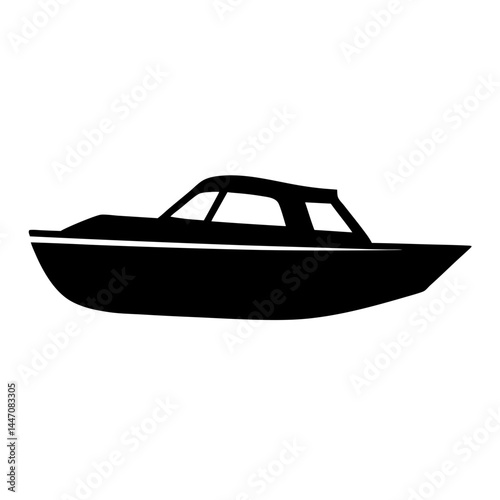 Stylized silhouette illustration of a small recreational motorboat with cabin roof