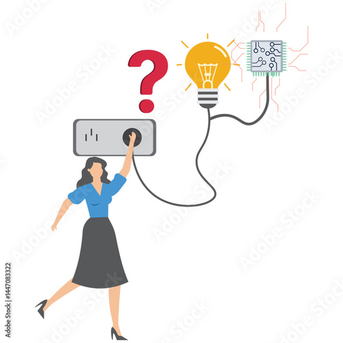Businesswoman connect plug with lightbulb idea to ai Artificial Intelligence