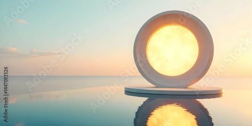 Futuristic Sundial Sculpture in Minimalist Zen Landscape with Reflective Water and Pastel Sky Abstract Sci-Fi Art Installation.