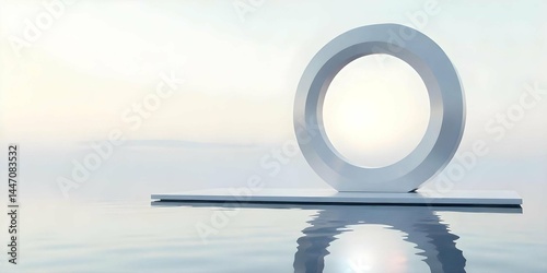 Futuristic Sundial Sculpture in Minimalist Zen Landscape with Reflective Water and Pastel Sky Abstract Sci-Fi Art Installation.