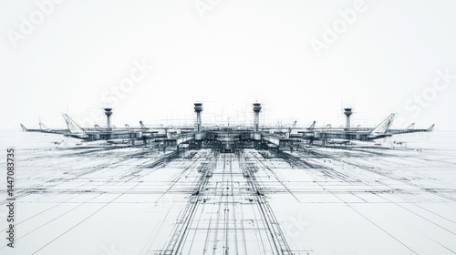 Abstract architectural design of an airport featuring terminals and runways with a focus on structure