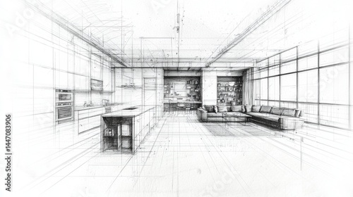 Modern kitchen and living room design sketch showcasing open layout with large windows and functional spaces