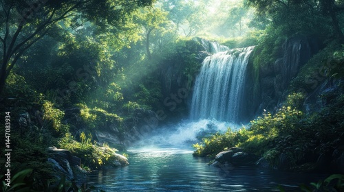 Serene Waterfall in Lush Tropical Paradise: A Breathtaking Vista of Nature's Majesty