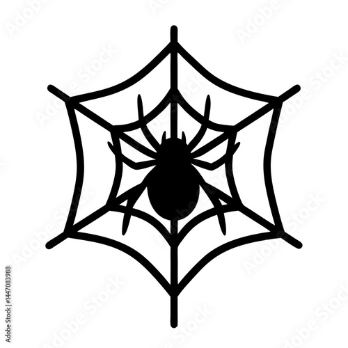 Black and white Halloween icon of a spider in a cobweb design