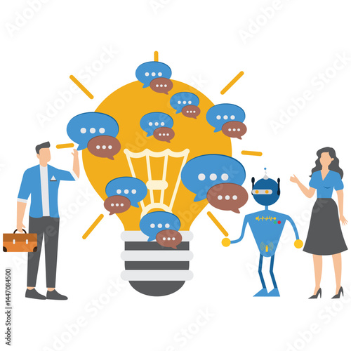 rainstorming creative team of people. Creation of a new idea and cooperation in a team of professionals Effective communication,business people discuss with lightbulb speech bubble