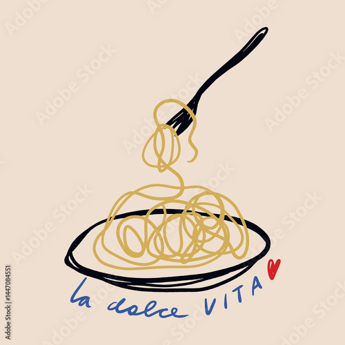 Italy mediterranean modern lettering La Dolce Vita coast doodle food, plate of pasta hand drawn vector, Italian summer cafe or restaurant vector artwork for t shirt, menu, graphic typography, hand