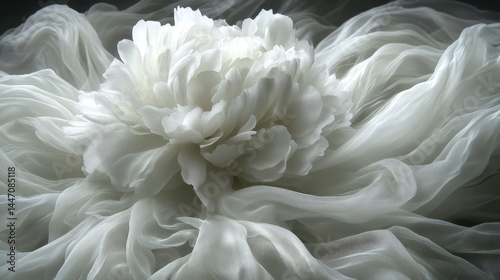 Delicate white peony, flowing fabric