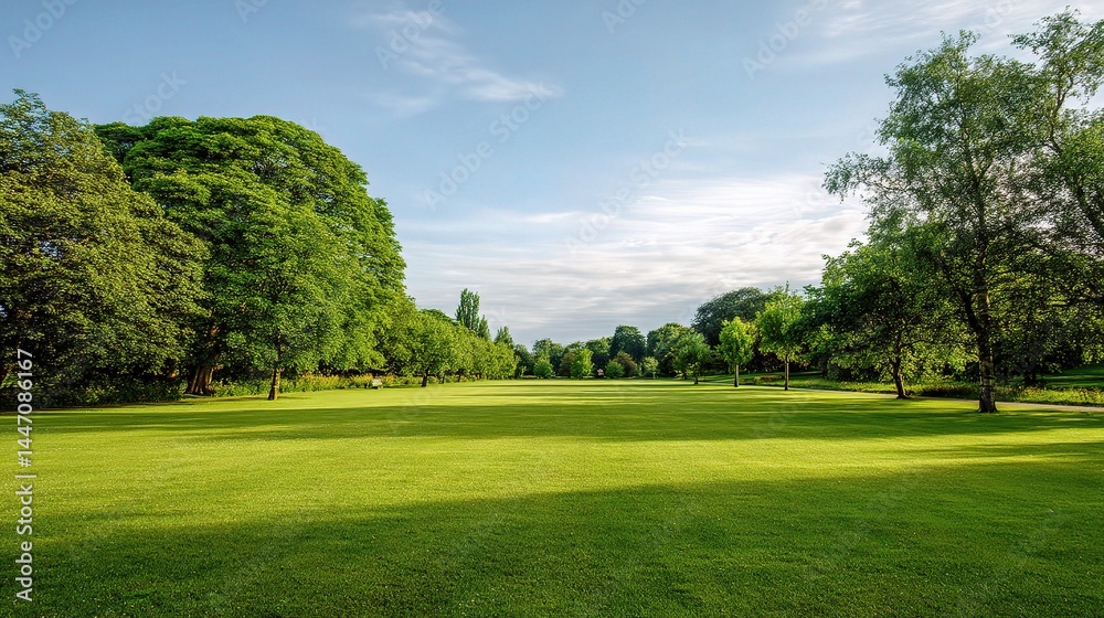 Lush Green Field with Neatly Trimmed Grass and Surrounding Trees Lush Green Field with Neatly Trimmed Grass and Surrounding Trees