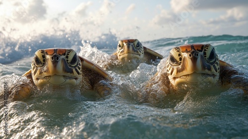 Three sea turtles gliding through turquoise waves in their natural habitat a vibrant marine scene showcasing wildlife conservation and beauty of ocean life