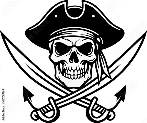 Black and White Pirate Skull Vector with Crossed Swords and Tricorn Hat – Vintage Emblem Logo Illustration
