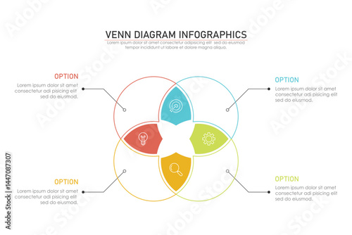 Venn diagram infographic chart template for business 3 parts, options, presentation with venn diagram elements vector illustration.	