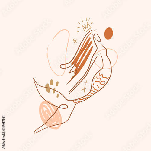 Minimalistic terra-cotta palette mermaid silhouette undine modern abstract linear painting, seamaiden icon and logo elements, graphic outline style for surf or spa and yoga studio. Vector line water