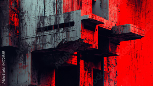 Abstract brutalist architecture with dystopian design and intense red lighting in a futuristic cityscape.