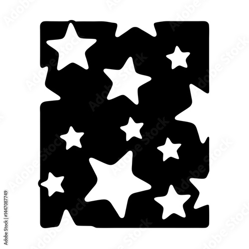Stylized monochrome stars on a roughly rectangular black field illustration