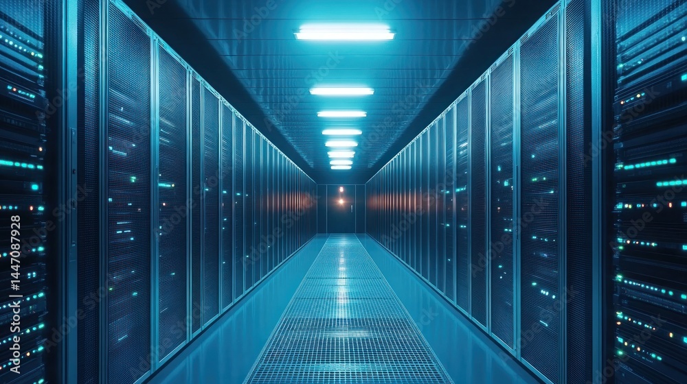 Fototapeta premium Deep Dive into the Digital Core: Exploring a Modern Data Center's Intricate Network