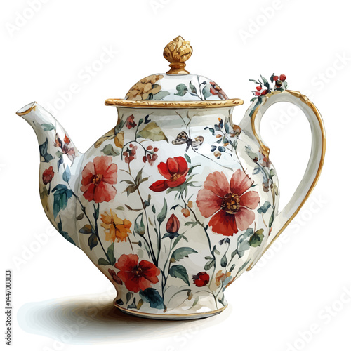 watercolor of Porcelain Teapot With Gold Trim, vector, isolated on a white background.