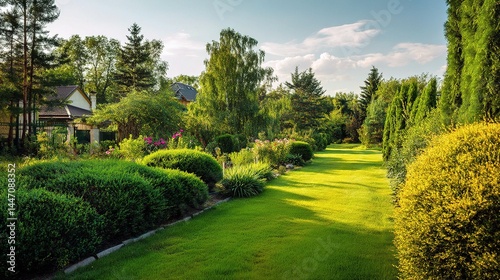 Lush Garden with Trimmed Green Bushes and Grass Pathway in Sunlight