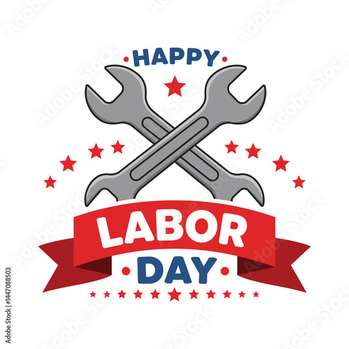 Labor Day Celebration Illustration with Crossed Wrenches, Red Ribbon Banner, and Patriotic Stars